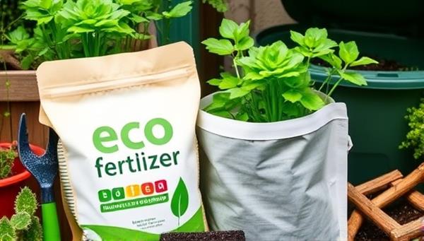An eco-friendly fertilizer bag with vibrant green plants growing vigorously, surrounded by organic gardening tools and a compost bin, representing the essence of sustainable and eco-conscious gardening practices.