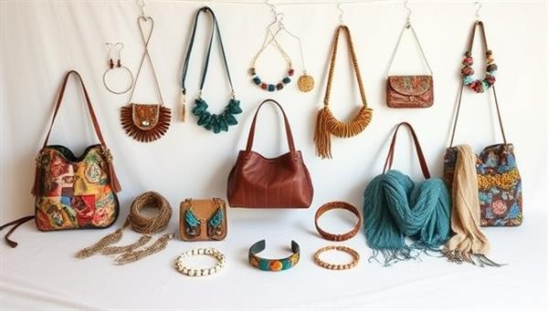 An artistic display of upcycled fashion accessories, including handbags, jewelry, and scarves, creatively arranged on a minimalist white backdrop with soft lighting, showcasing the beauty and uniqueness of repurposed materials in sustainable fashion design.