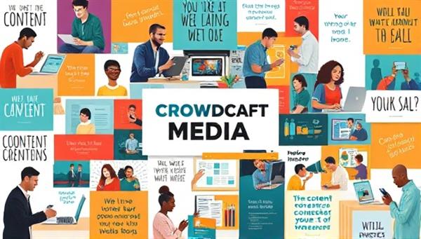 An artistic collage featuring diverse content creators working on laptops, tablets, and cameras, surrounded by colorful content samples and inspirational quotes, illustrating the collaborative and creative nature of CrowdCraft Media