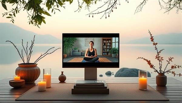 A serene virtual retreat setting with a tranquil background, featuring a yoga instructor leading a class via live stream, surrounded by calming nature elements, candles, and soft lighting, creating a peaceful and immersive experience.