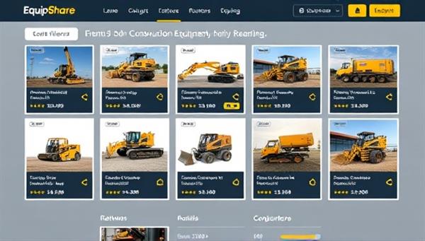 An interactive platform interface showcasing a variety of construction equipment options available for rental, with detailed specifications, rental pricing, and user reviews, illustrating the convenience and efficiency of equipment sharing through the EquipShare Network platform.