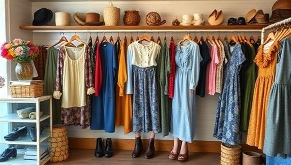 An aesthetically pleasing online boutique showcasing a curated collection of vintage and thrifted fashion pieces arranged in a stylish and visually appealing manner, creating a retro-chic atmosphere for online shoppers.