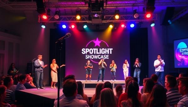 An event stage with colorful lights, a microphone stand, and a backdrop featuring the Spotlight Showcase logo, with performers showcasing their talents to an enthusiastic audience, capturing the vibrancy and energy of live entertainment.