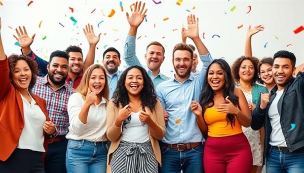 A dynamic and diverse group of individuals celebrating with confetti falling around them, symbolizing success in obtaining government grants through GrantGenius.