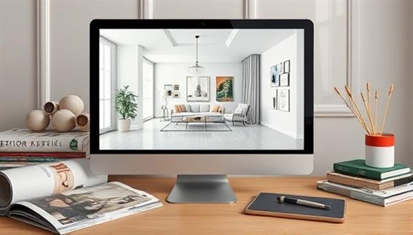 An elegant and modern virtual room design displayed on a computer screen, surrounded by design magazines, paint samples, and a tablet with a stylus, highlighting the creative and tech-savvy aspects of the online interior design service.
