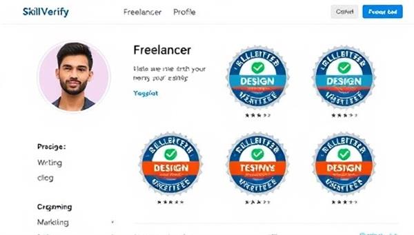 A digital interface displaying a freelancer profile with verified skills badges, highlighting expertise in various areas, such as design, writing, programming, and marketing, creating a trustworthy and credible image for SkillVerify.