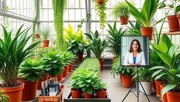 A virtual greenhouse setting with an array of lush indoor plants, gardening tools, and a plant consultant offering advice to a client via video call, showcasing the beauty of indoor greenery and expert plant care guidance.