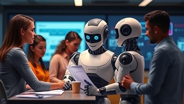 An AI-powered robot assisting a diverse group of individuals and business owners with their tax documents, showcasing the efficiency and accuracy of TaxSavvy AI in tax compliance processes.