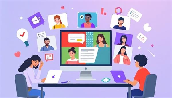 An engaging visual of a diverse group of remote interns collaborating on a web design project through virtual meeting platforms, with digital tools and design elements floating around them, symbolizing the dynamic and interactive nature of the DesignLance Interns platform in fostering learning and growth for aspiring designers.