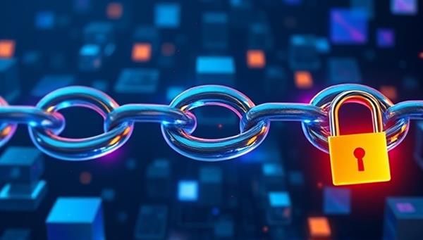 An abstract visualization of interconnected blockchain blocks forming a chain, with digital ad banners and security locks symbolizing transparency and fraud prevention in the VeriAd Chain platform, showcasing the innovative and secure nature of blockchain-powered ad verification.