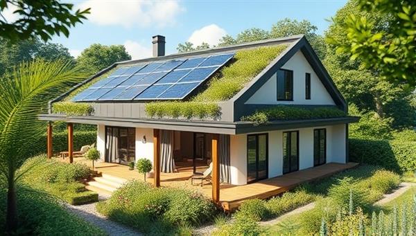 An artistic rendering of a modular home design by GreenSpace Living, featuring solar panels, green roofs, and modern architecture surrounded by lush greenery, capturing the essence of sustainable and stylish living.