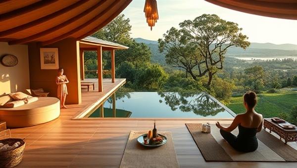 An idyllic wellness retreat setting with a tranquil spa, yoga platform overlooking nature, healthy gourmet cuisine setup, and guests engaging in mindfulness activities, reflecting serenity, luxury, and holistic well-being in a picturesque estate environment.
