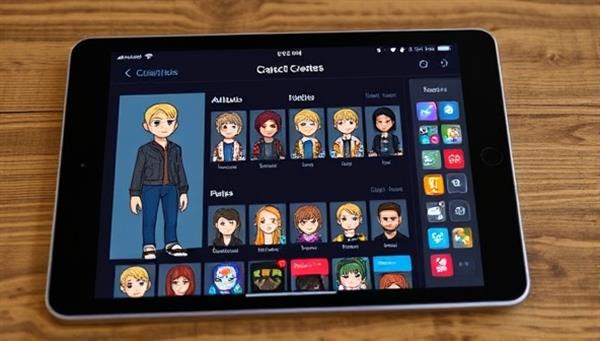 A digital character creation interface on a tablet screen, showcasing a wide range of customization options for attributes, backgrounds, and personality traits, inspiring users to craft unique and compelling characters for their projects.
