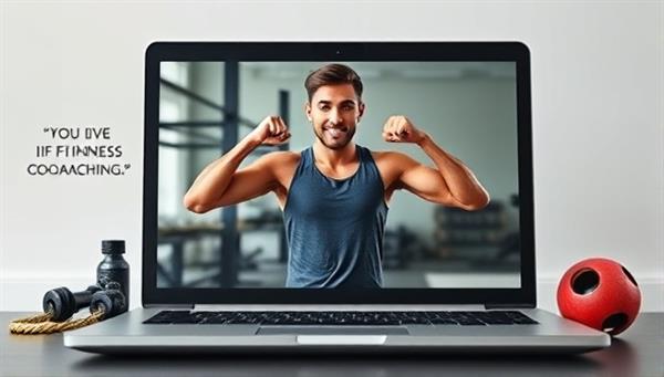 An energetic fitness coach leading a virtual workout session on a laptop screen, surrounded by motivational quotes and exercise equipment, conveying the dynamic and interactive nature of the virtual fitness coaching platform.