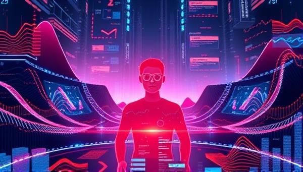 A futuristic digital landscape with a virtual influencer at the center, surrounded by glowing data streams and digital marketing metrics, symbolizing the cutting-edge approach of the agency.