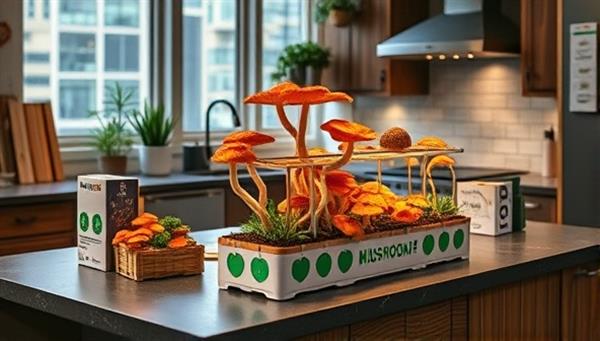 一个摆满MushroomScape套件的城市厨房台面，展示了套件的简易安装过程，鲜活的蘑菇正在生长，邀请观众加入家庭蘑菇种植潮流。