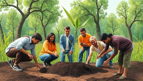 An artistic depiction of a vibrant and diverse group of individuals planting trees and growing sustainable financial investments together, symbolizing the collaborative and impactful nature of the GreenInvestorsClub.