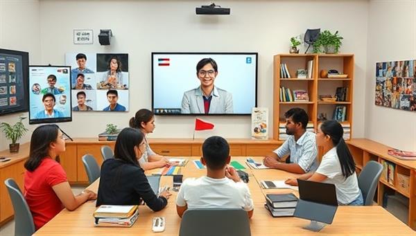 An engaging virtual language classroom setting featuring diverse language learners interacting through video conferencing, digital language resources, cultural props, and a language instructor facilitating interactive learning activities, creating a vibrant and educational atmosphere.