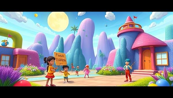 A vibrant and colorful virtual world where users interact with animated characters, solve language puzzles, and earn virtual rewards, creating a dynamic and immersive learning experience.