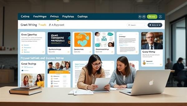 An online grant writing platform interface displaying a variety of grant opportunities, proposal templates, and success stories, with a team of grant writers collaborating virtually on a grant application, symbolizing expertise and grant funding success.