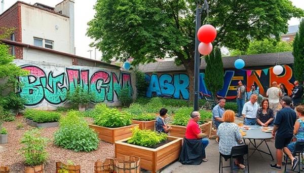 An abandoned urban lot transformed into a vibrant community garden and gathering space, with colorful murals, greenery, and local residents enjoying a communal event, illustrating the potential of neighborhood revitalization through community collaboration.
