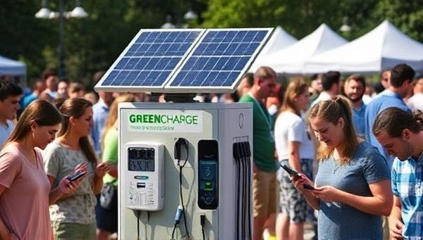 An outdoor event scene featuring a GreenCharge Station with solar panels powering multiple charging ports, surrounded by attendees happily charging their devices while enjoying the event, illustrating the blend of convenience and sustainability offered by GreenCharge Stations