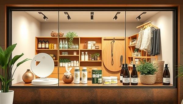 A virtual marketplace scene showcasing a variety of wellness products displayed on a digital storefront, including skincare items, yoga accessories, and herbal supplements, with a clean and inviting layout, evoking a sense of well-being and self-care.