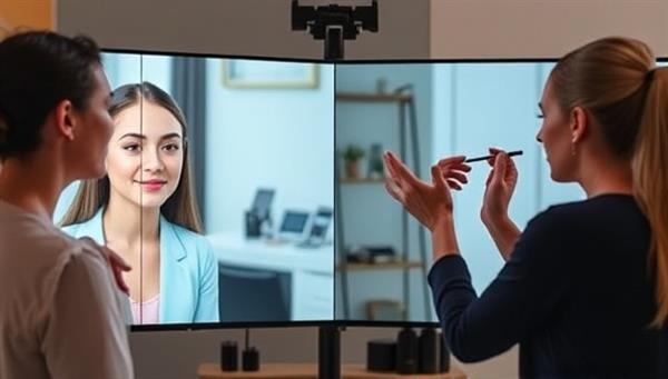 A split-screen image showing a client receiving a virtual makeup tutorial on one side and a makeup artist demonstrating techniques on the other side, creating an interactive and engaging beauty consultation setting.
