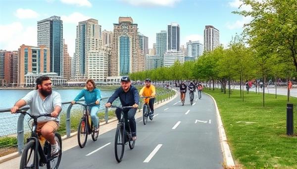 A vibrant cityscape with people riding electric bikes along a scenic bike path, showcasing a sustainable and active lifestyle in an urban environment.