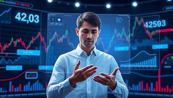 An innovative and futuristic depiction of a user interacting with a virtual AI assistant offering investment advice on a holographic screen, surrounded by digital market graphs and data visualizations, representing smart investing decisions.