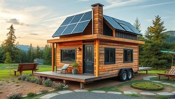 A visually striking tiny home design featuring solar panels and recycled materials, nestled in a serene natural setting.
