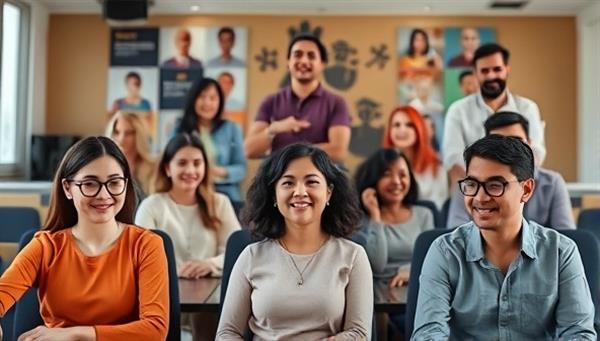 A virtual classroom setting with diverse individuals engaging in lively language discussions, each participant represented by an avatar in a digital environment, fostering a sense of community and cultural exchange.