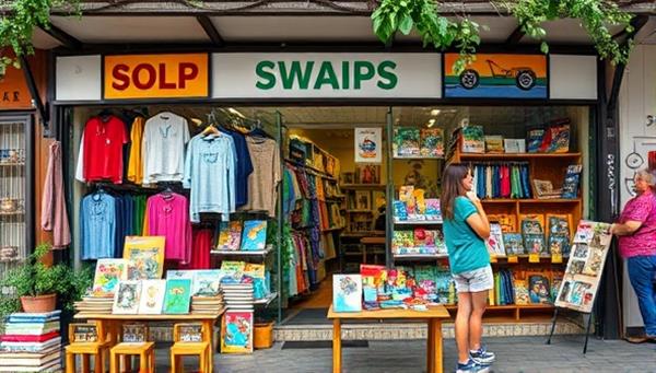A vibrant storefront showcasing diverse items like clothing, books, and toys displayed in an inviting and eco-friendly environment, with people happily swapping items, representing a sense of community and sustainability.