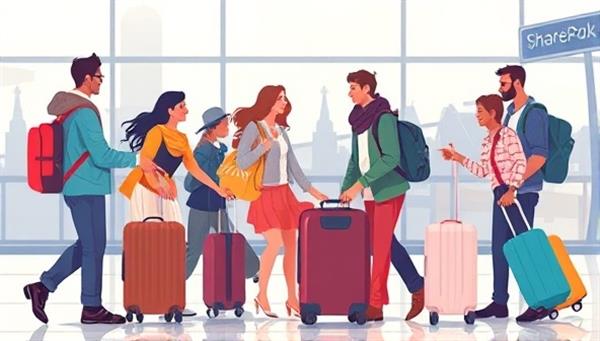 An artistic digital illustration of diverse travelers sharing and exchanging luggage at an airport or travel hub, showcasing the convenience and collaborative spirit of luggage sharing facilitated by SharePack.