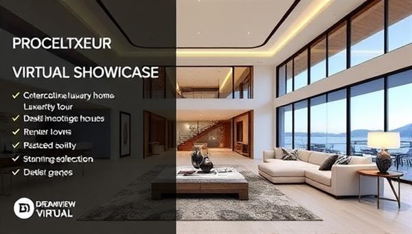 A captivating virtual tour showcase of a modern luxury home with interactive elements, detailed room views, and stunning architectural features, providing a seamless and immersive experience for potential buyers and renters, illustrating the high-quality services of DreamView Virtual.