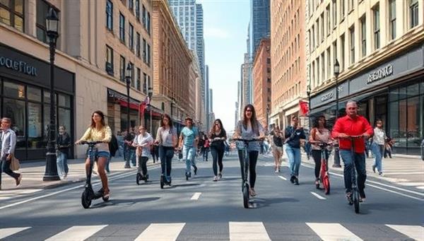 An image of a bustling city street with people effortlessly gliding on electric scooters, showcasing the convenience and fun of using ScootEase Rentals for urban mobility.