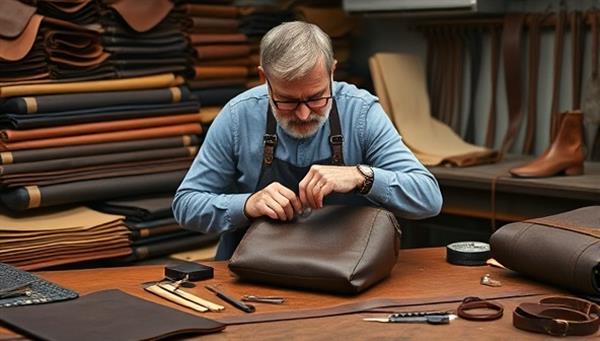 A master artisan meticulously hand-stitching a personalized leather bag, surrounded by rolls of premium leather hides, a variety of tools, and finished leather goods, showcasing the craftsmanship and attention to detail of the bespoke leather goods atelier.