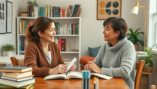 A thoughtful and supportive writing coach interacting with a client in a cozy virtual setting, surrounded by books and writing tools, providing guidance and inspiration in a one-on-one coaching session that fosters growth and creativity in the writing process.
