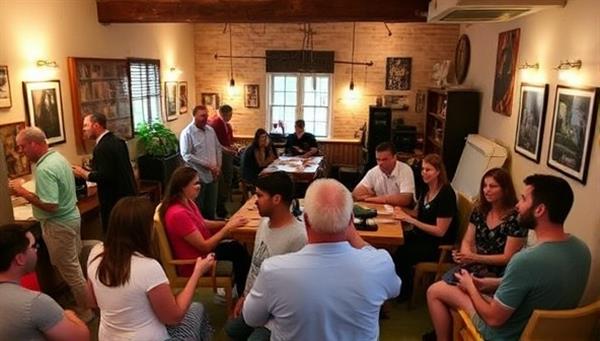 A vibrant common area in the hostel bustling with solo travelers engaged in social activities, sharing stories, playing games, and enjoying a sense of camaraderie, capturing the lively and communal atmosphere of SoloVenture Lodge.
