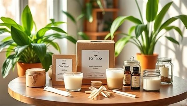A cozy home setting with a table adorned with various candle-making supplies from the DIY kit, including soy wax, essential oils, wicks, and decorative jars, surrounded by green plants and natural light, conveying a sense of eco-friendly crafting and relaxation.