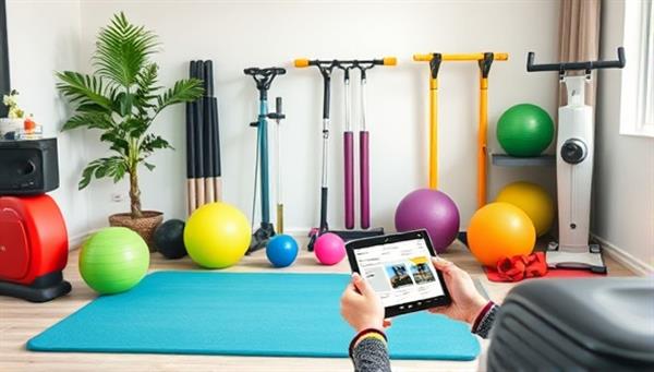 An assortment of colorful fitness equipment neatly arranged in a modern home setting, with a user browsing the rental website on a tablet, illustrating convenience and accessibility.