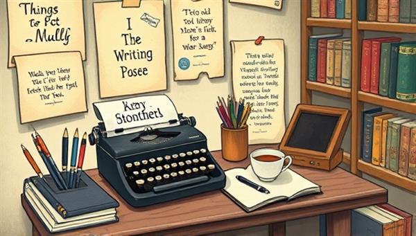 An artistic depiction of a cozy writing nook with a vintage typewriter, notebooks, pens, and a cup of tea, surrounded by shelves of books and inspirational quotes, evoking a sense of creativity and storytelling ambiance.