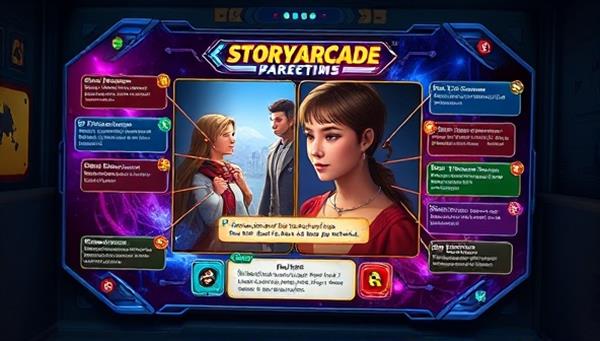 A vibrant and dynamic digital interface showcasing a split-screen with a character making a pivotal decision, surrounded by branching story paths, interactive dialogue options, and captivating visuals, illustrating the immersive storytelling experience of StoryArcade.