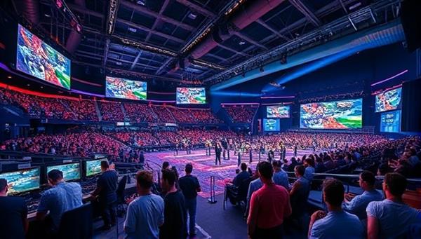 An electrifying esports arena filled with gaming setups, large screens displaying live tournaments, and enthusiastic spectators placing bets and cheering for their favorite teams, capturing the competitive and dynamic atmosphere of the SkillBet Esports Arena.