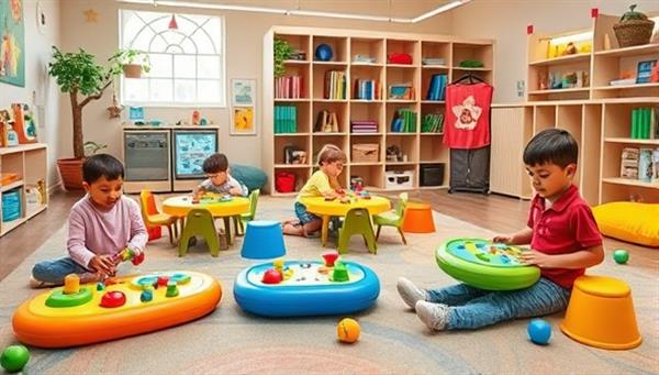 An engaging playroom setting with children immersed in playing with interactive educational toys from LearnPlay Labs, illustrating the blend of fun, learning, and creativity in a stimulating environment.