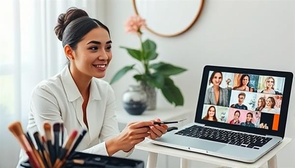 A split-screen image showing a professional makeup artist providing a virtual consultation to a client, with a makeup kit, brushes, and a laptop displaying makeup tutorials in the background, showcasing convenience and expertise.