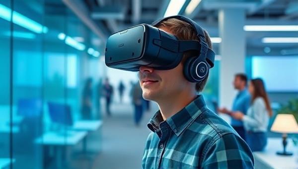 An imaginative depiction of a candidate wearing a VR headset exploring a virtual office environment, with holographic team members interacting and guiding the candidate through a typical workday scenario, illustrating the immersive and engaging nature of VRJob Preview experiences.