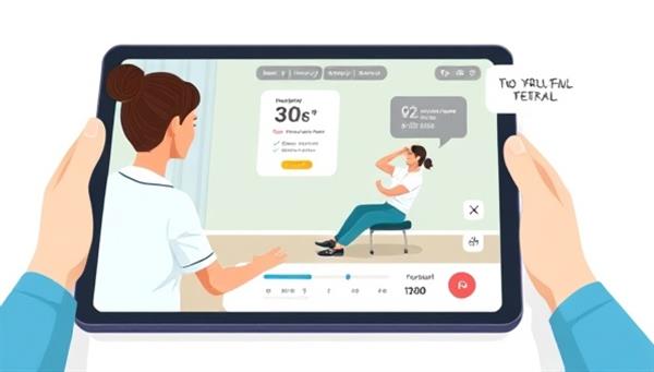 An illustration of a virtual physical therapy session on a tablet, showing a therapist guiding a patient through exercises, with a virtual progress tracker and positive feedback messages, illustrating the convenience and effectiveness of remote therapy.