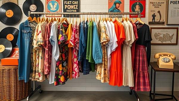An artistic image displaying a vintage clothing rack filled with colorful retro garments, patterned shirts, denim jackets, and flowy skirts, set against a backdrop of vintage-inspired decor elements like old records, retro posters, and a rotary phone, capturing the essence of a digital vintage clothing marketplace.