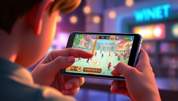 An animated scene of a user interacting with a gamified advertisement on a mobile device, showcasing vibrant visuals and engaging gameplay elements that blur the line between advertising and entertainment.